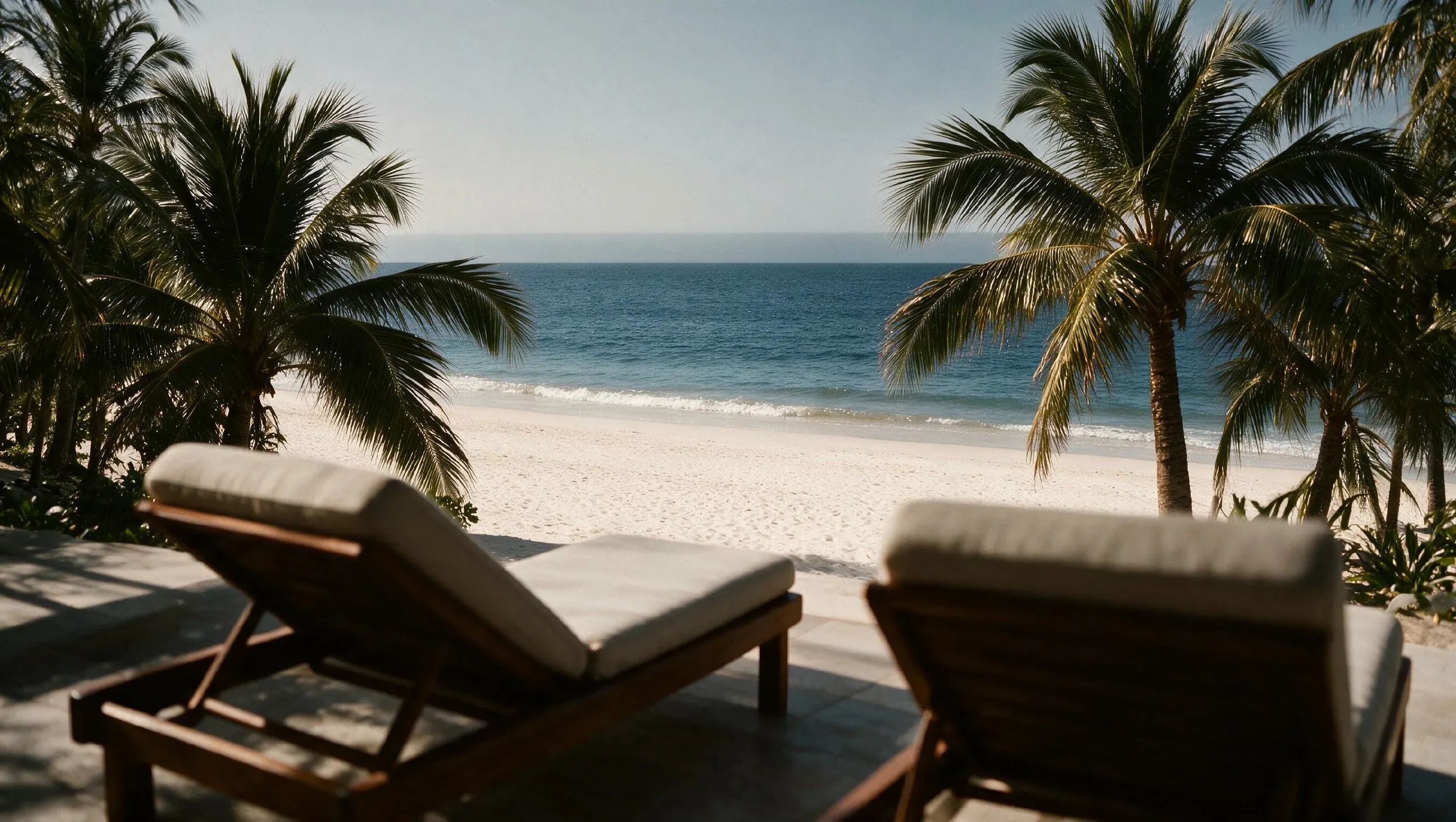 Sun loungers under palms on the private beach at Mira Ocean Estates, the Arabian Sea beyond