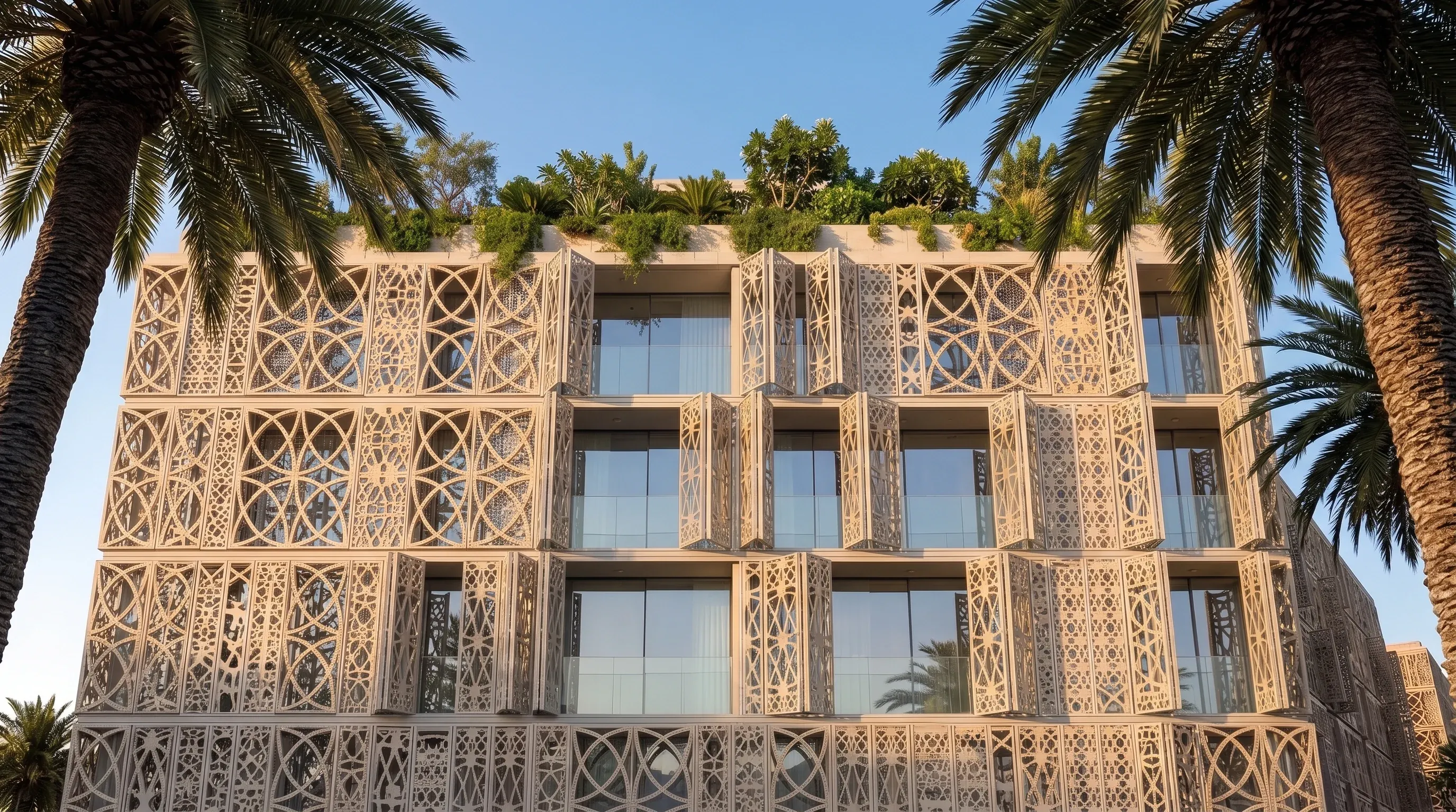 The mashrabiya-screened facade of a Mira Ocean Estates residence building between palms