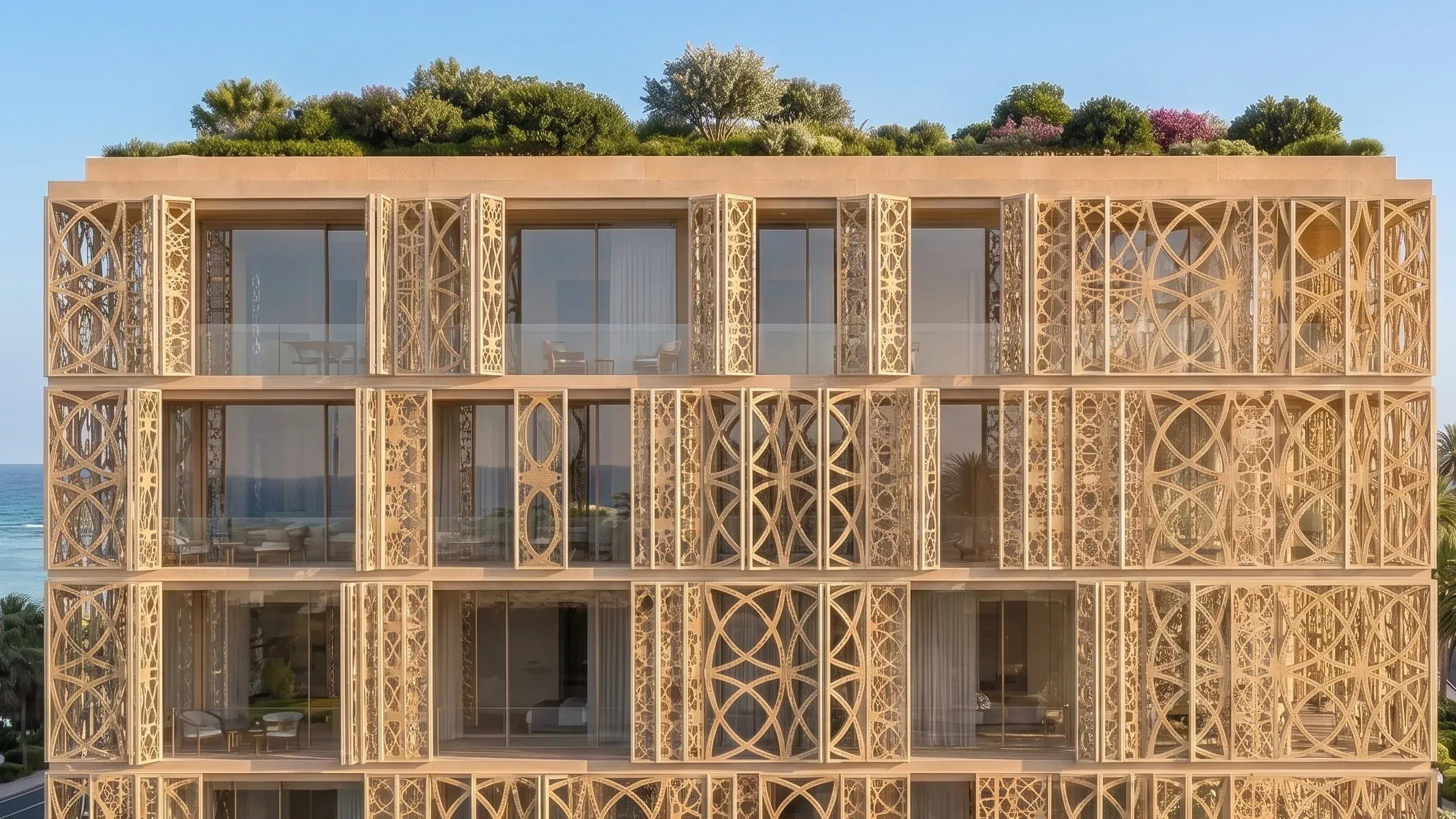 The mashrabiya-screened facade of the Trussardi Residences building, its roof garden planted above