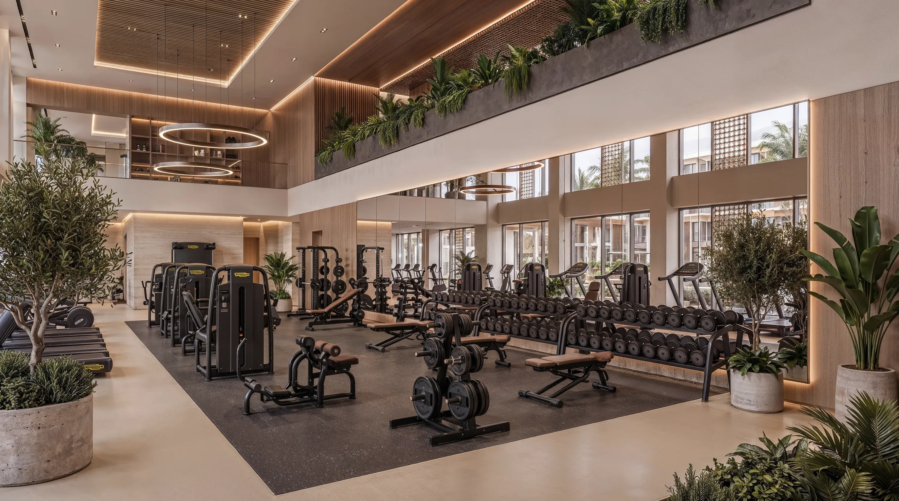 The gym at Mira Ocean Estates, its equipment set among planting under a timber ceiling