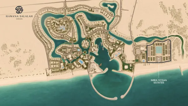 Plan of Hawana Salalah with Mira Ocean Estates marked on its eastern beachfront