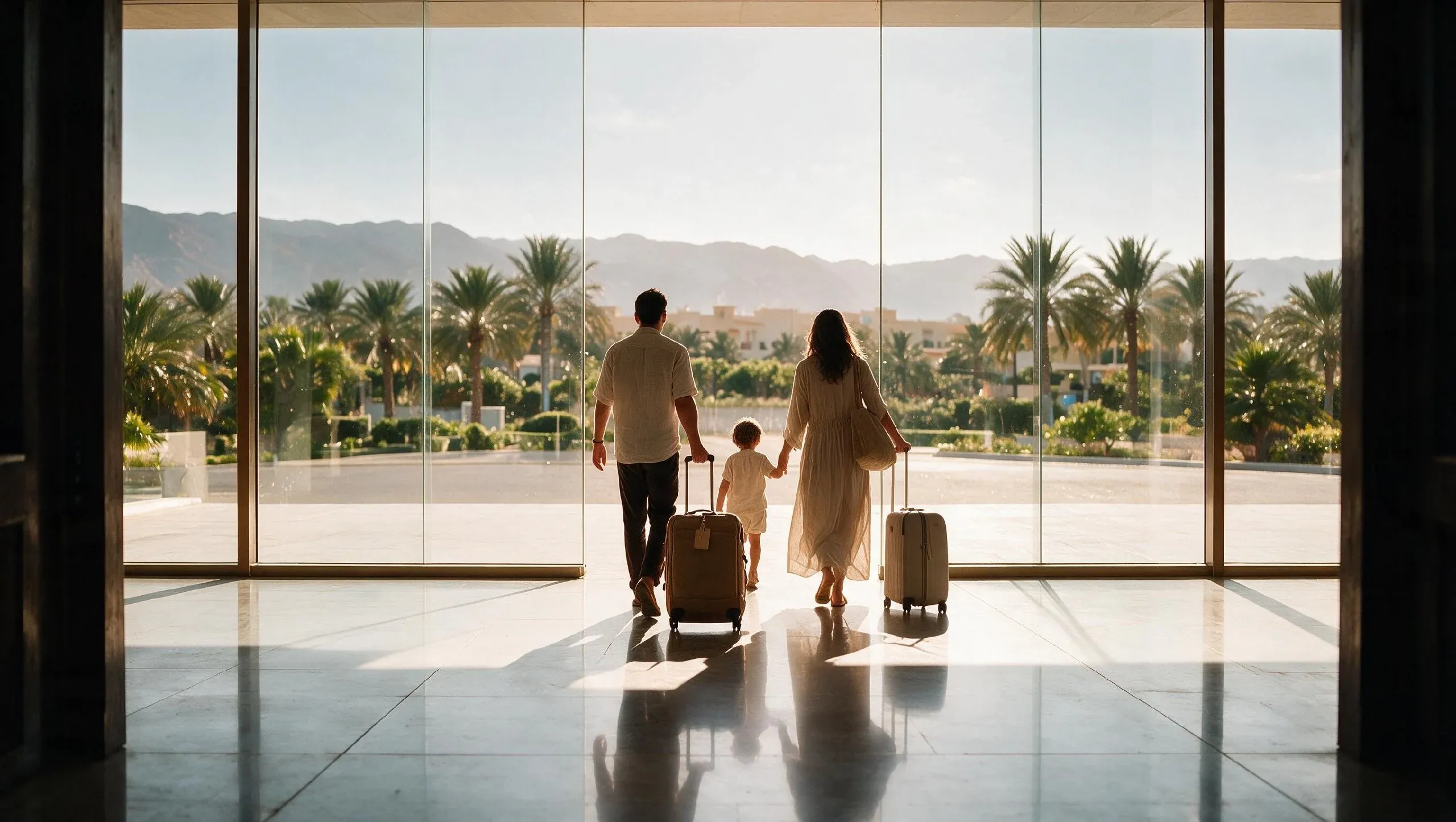 A family with luggage arriving through the glass lobby of the hotel at Mira Ocean Estates