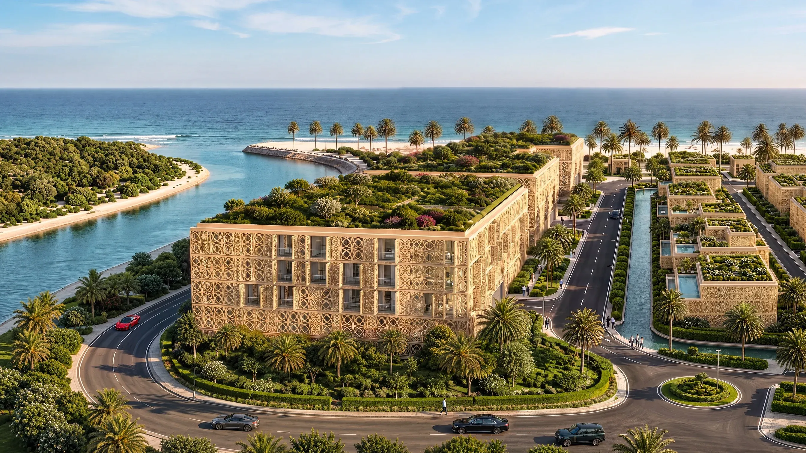 A building at Mira Ocean Estates beside the lagoon, its facade screened in mashrabiya
