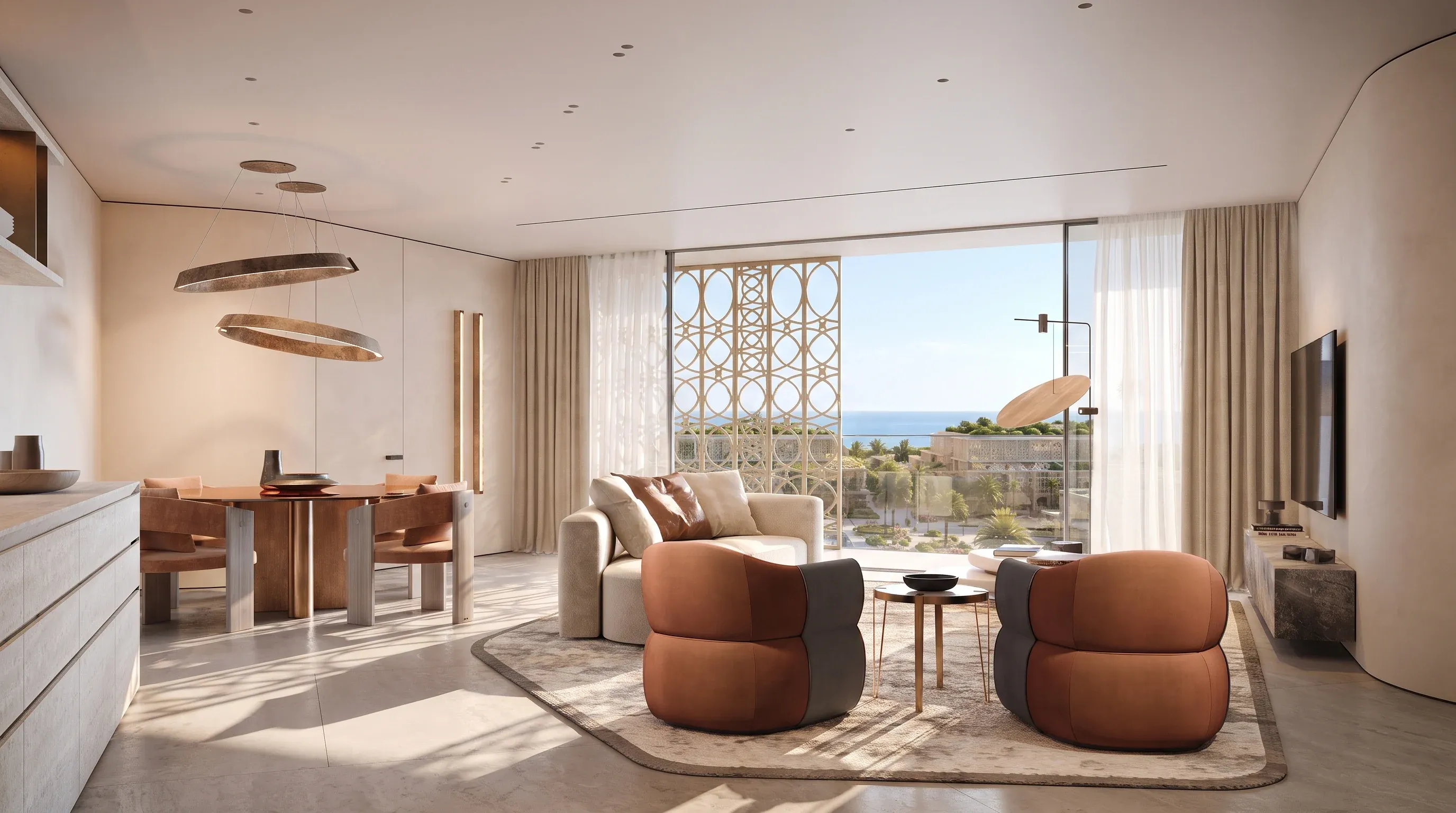 A furnished living and dining room at Mira Ocean Estates, its window screened in mashrabiya with the sea beyond