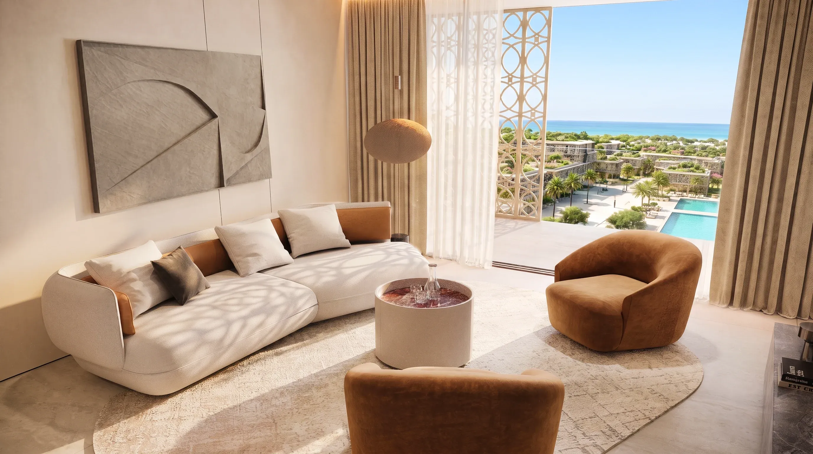 A furnished living room at Trussardi Residences, its curved sofa turned to the window and the pool beyond