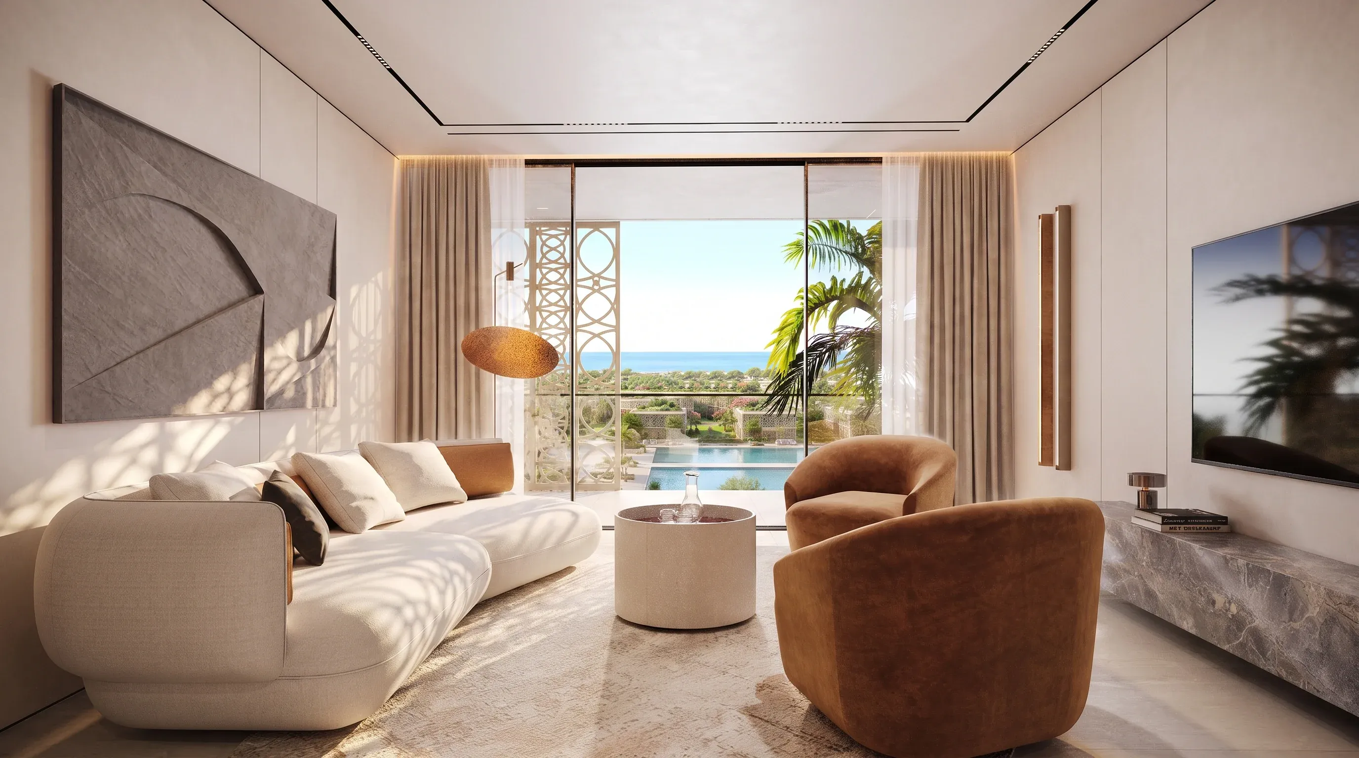 A furnished living room at Mira Ocean Estates opening onto a terrace above the lagoon