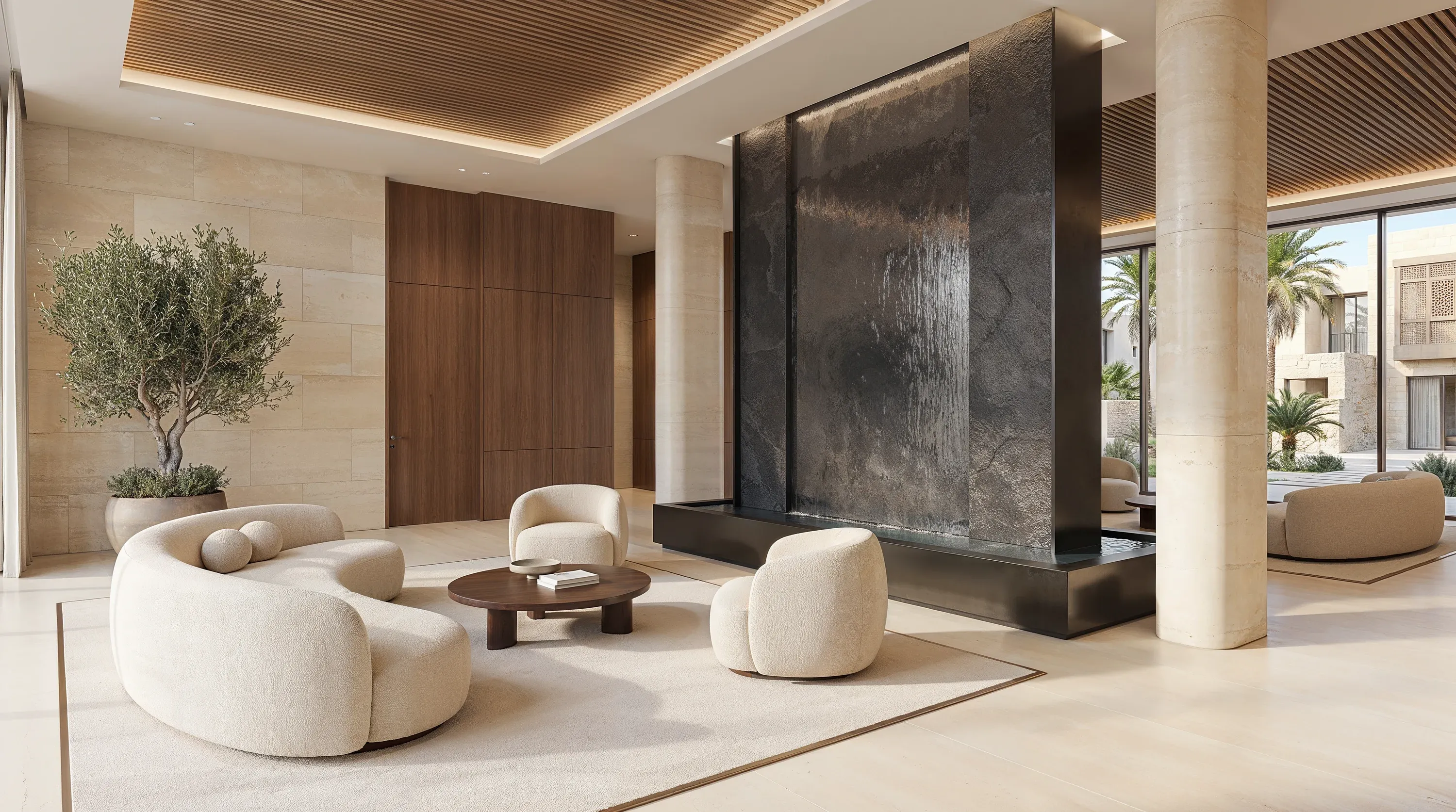 The lounge of the Mira Ocean Estates lobby, curved sofas beside a stone water wall