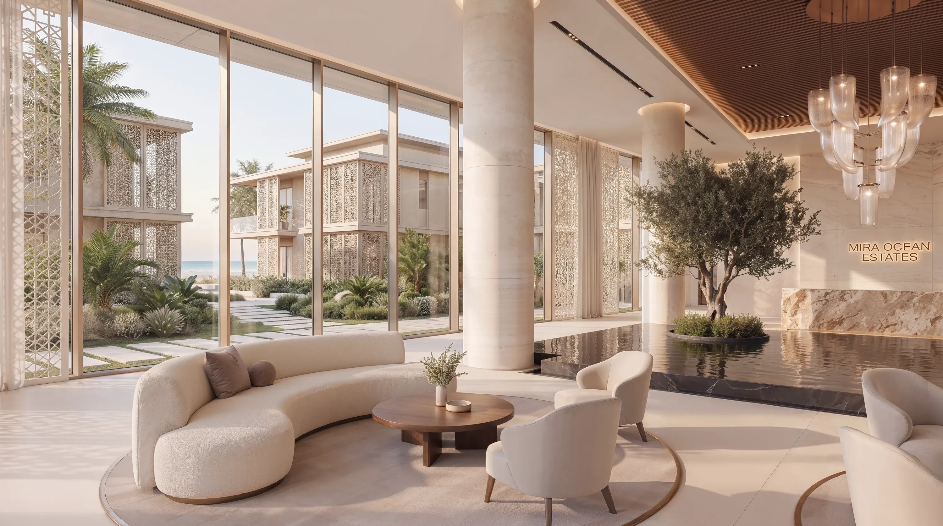 The lobby lounge at Mira Ocean Estates, its full-height windows onto the residences and the sea