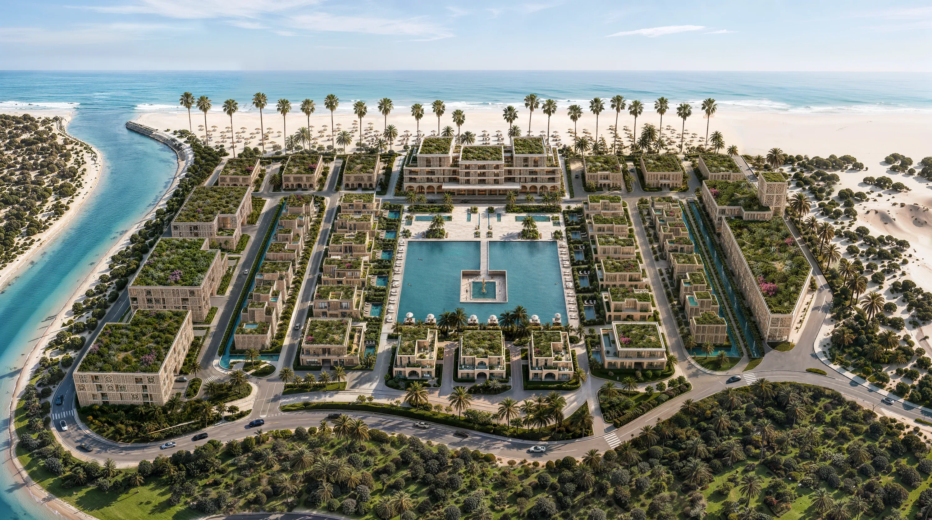 The central swimming pool of Mira Ocean Estates seen from above, between the residences and the beach