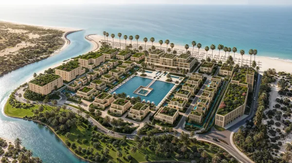Aerial view of Mira Ocean Estates between the lagoon and the sea
