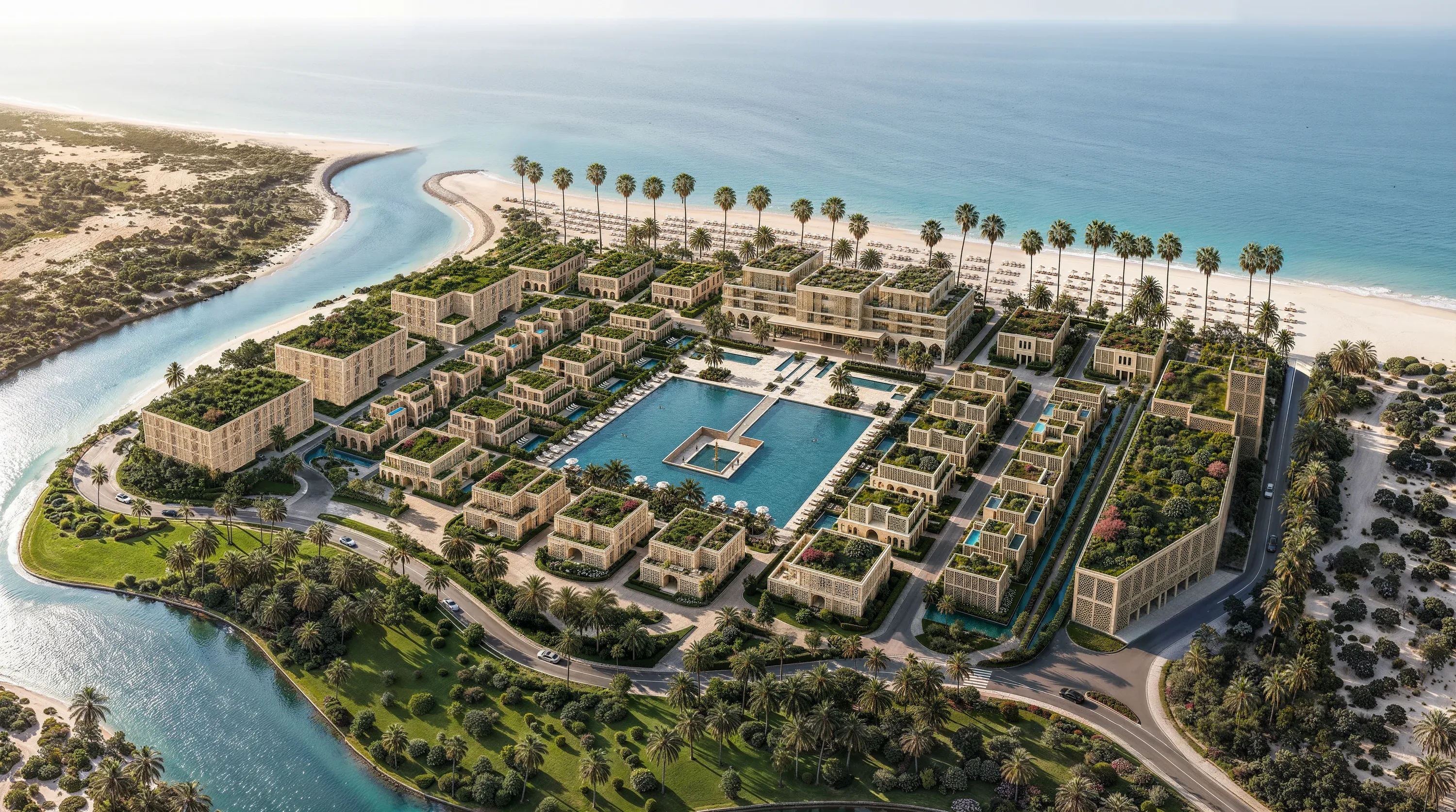 Aerial view of Mira Ocean Estates between the lagoon and the Arabian Sea, its residences arranged around the central pool