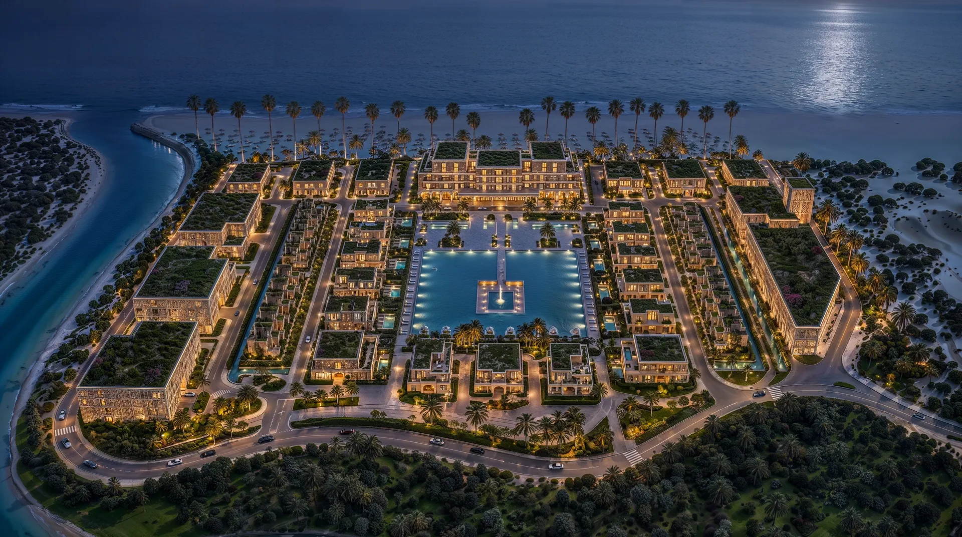 Mira Ocean Estates lit at night from above, the central pool at the heart of the master plan