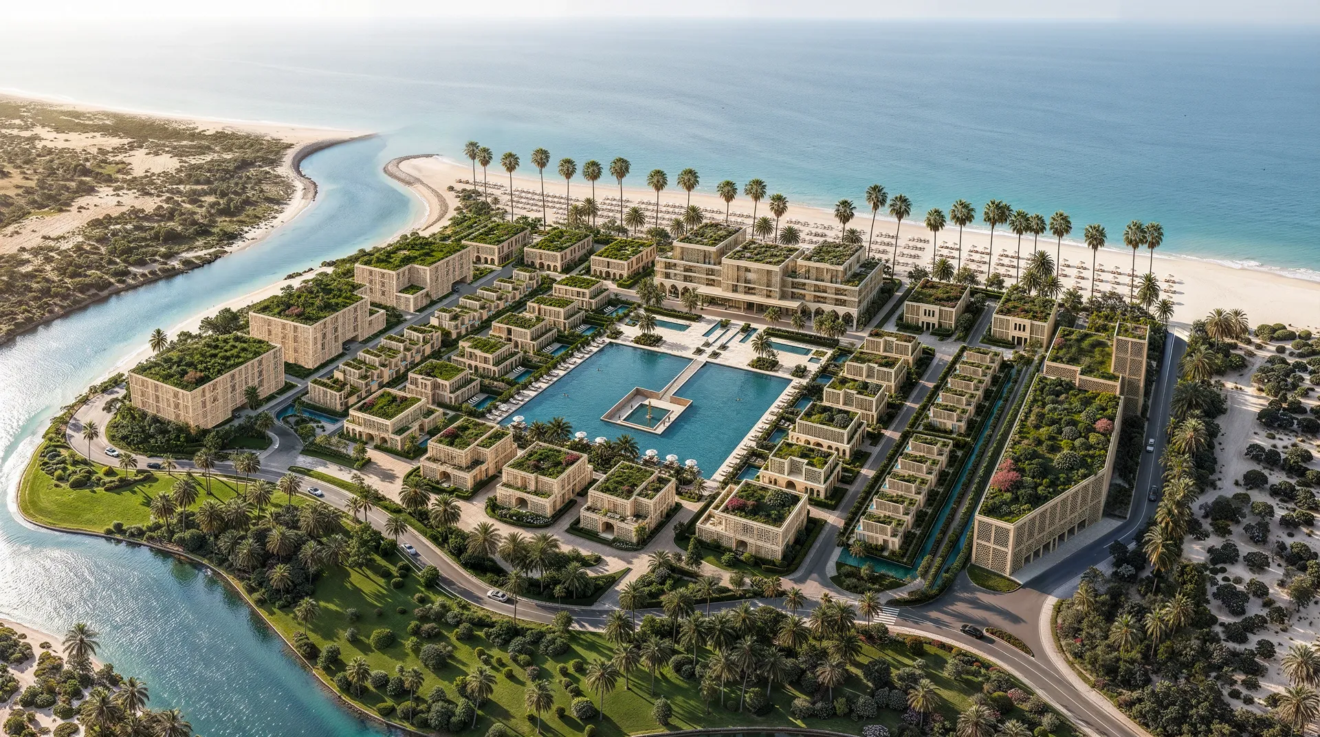 Aerial view of Mira Ocean Estates between the lagoon and the Arabian Sea, its residences arranged around the central pool