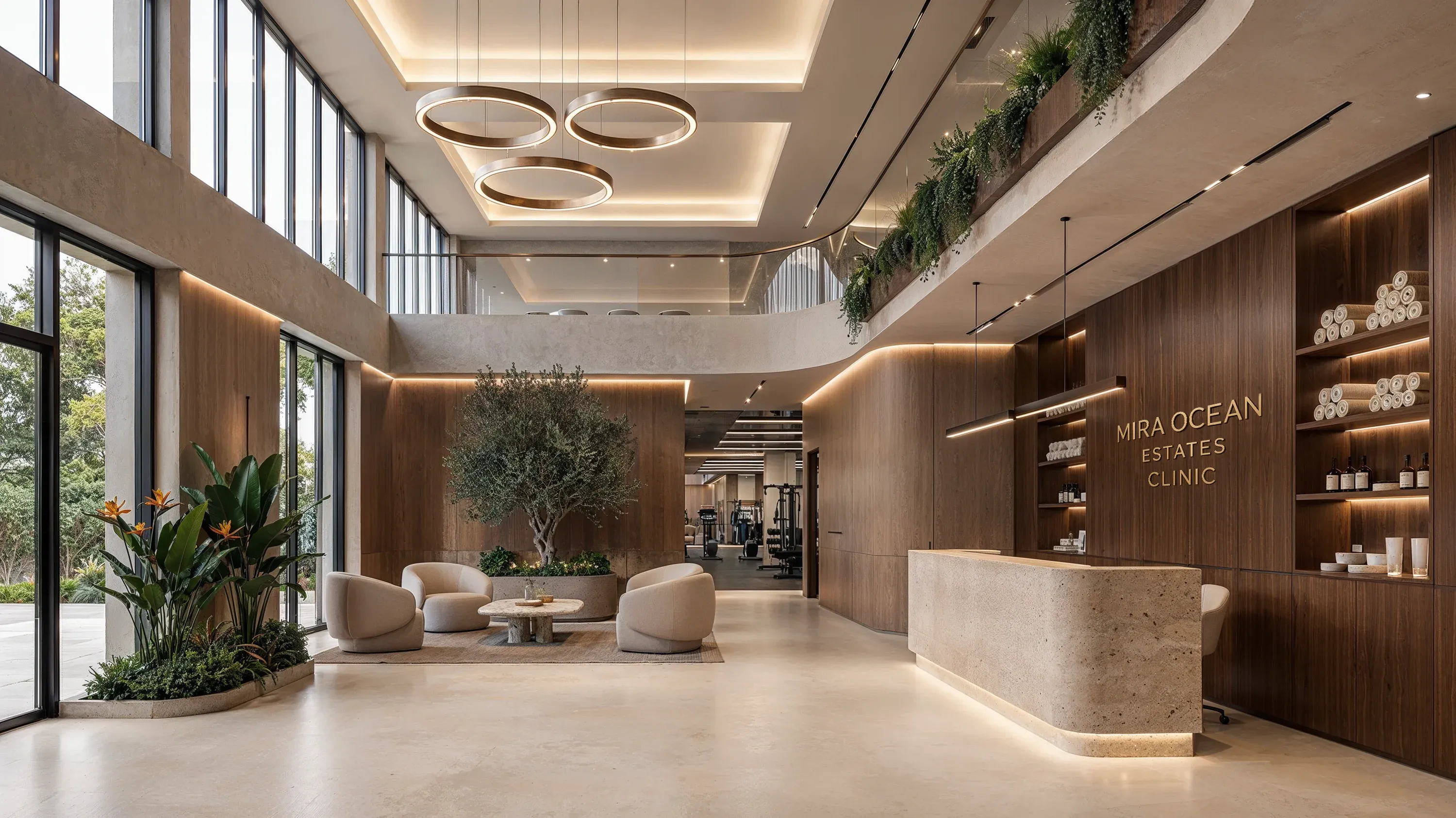 The reception of the Mira Ocean Estates clinic, the gym behind its glass wall
