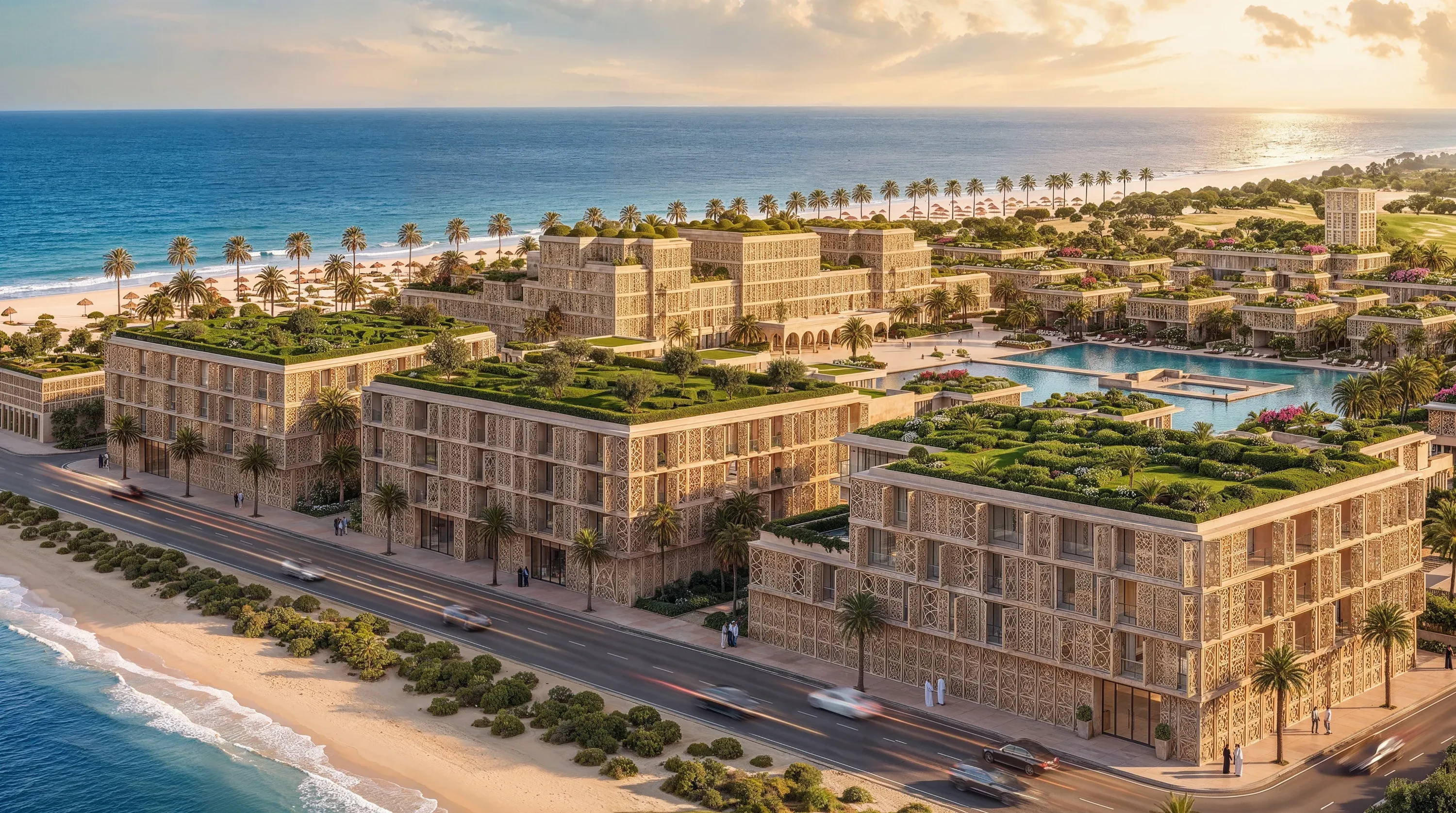 The residence buildings of Mira Ocean Estates along the beach, with the central pool behind them