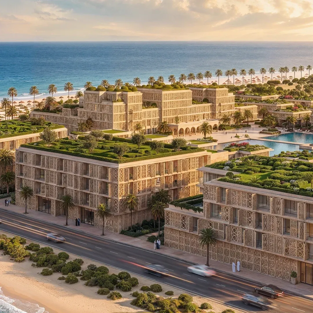 The beachfront residences of Mira Ocean Estates from above, the Arabian Sea beyond the beach and the central pool among the buildings