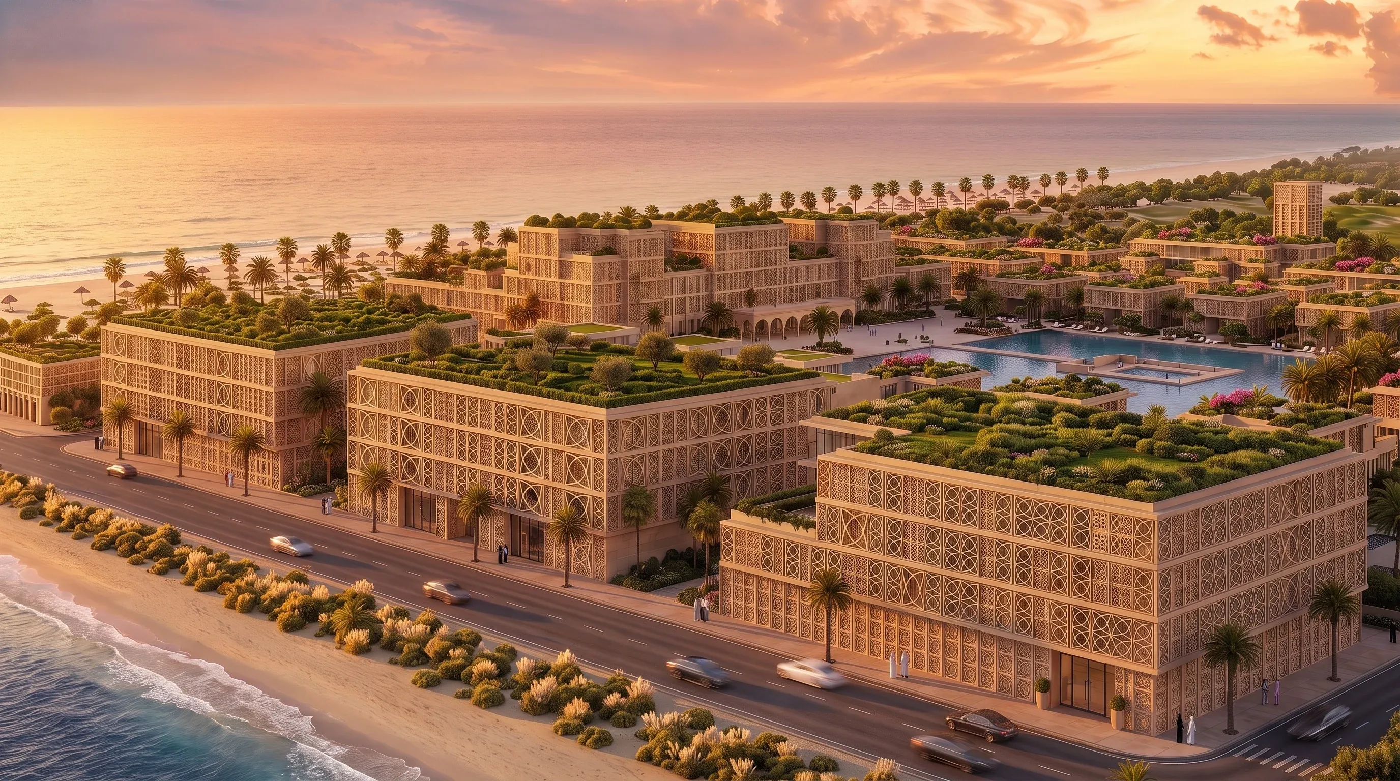The residence buildings of Mira Ocean Estates at sunset, the pool and the sea behind them