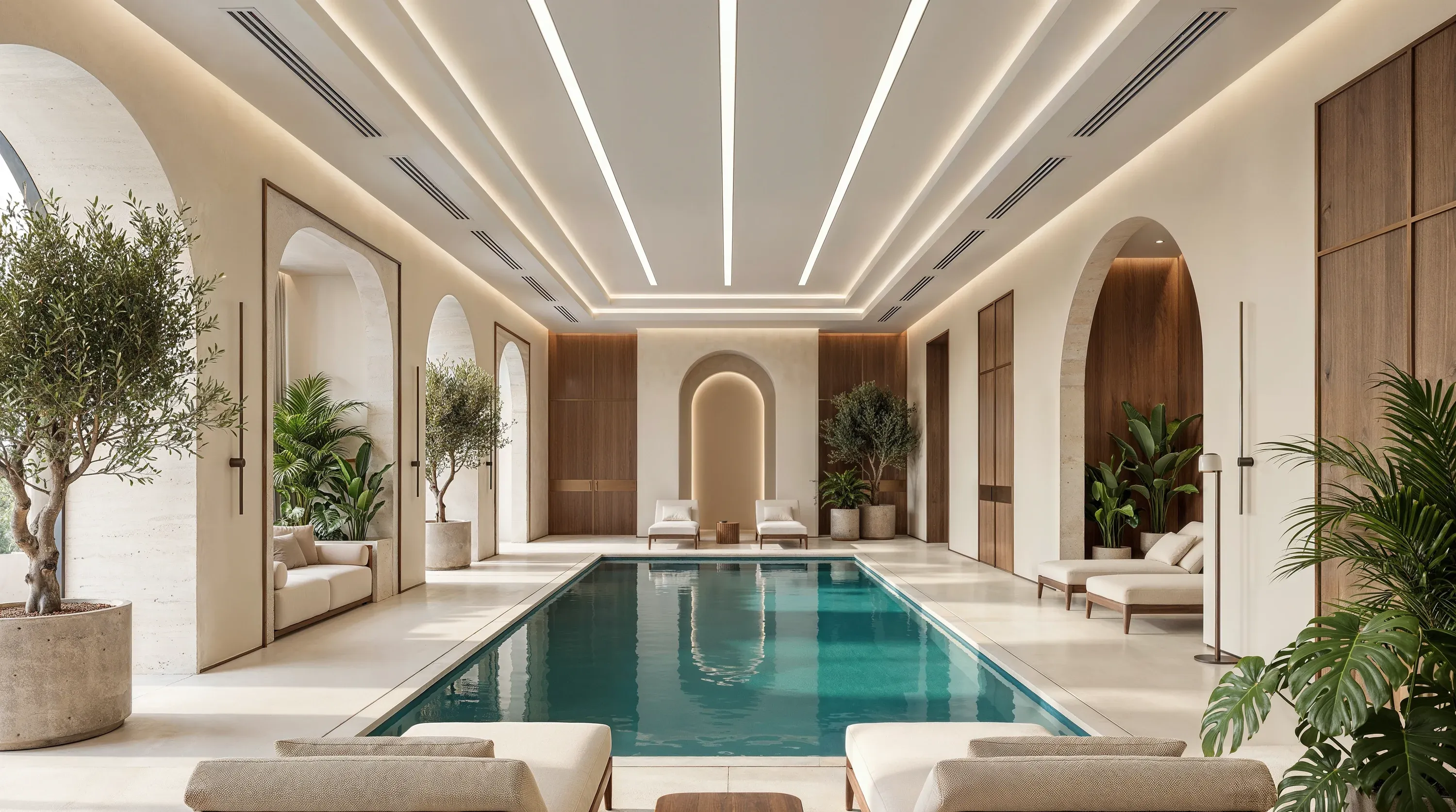 The indoor pool of the Mira Ocean Estates spa, under arched openings and a lit ceiling