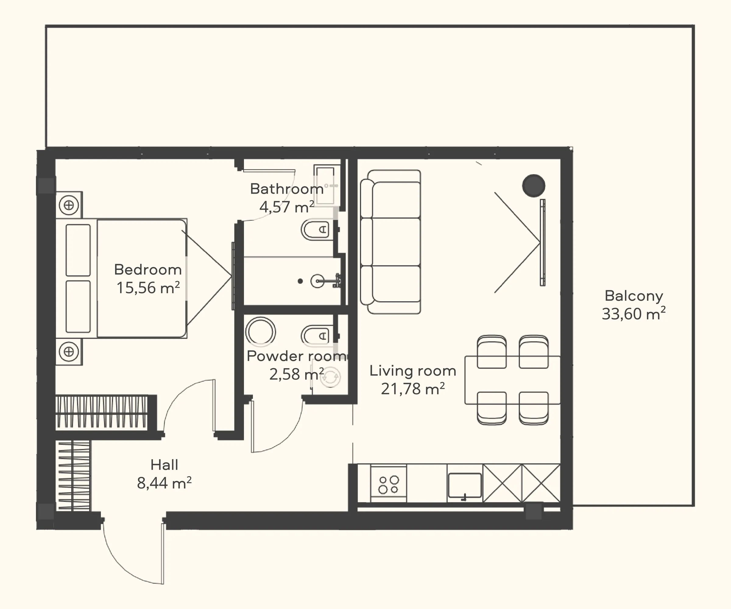 Floor plan of a Trussardi Residences one-bedroom apartment: bedroom and bathroom off the hall, living room and kitchen opening onto a wide balcony