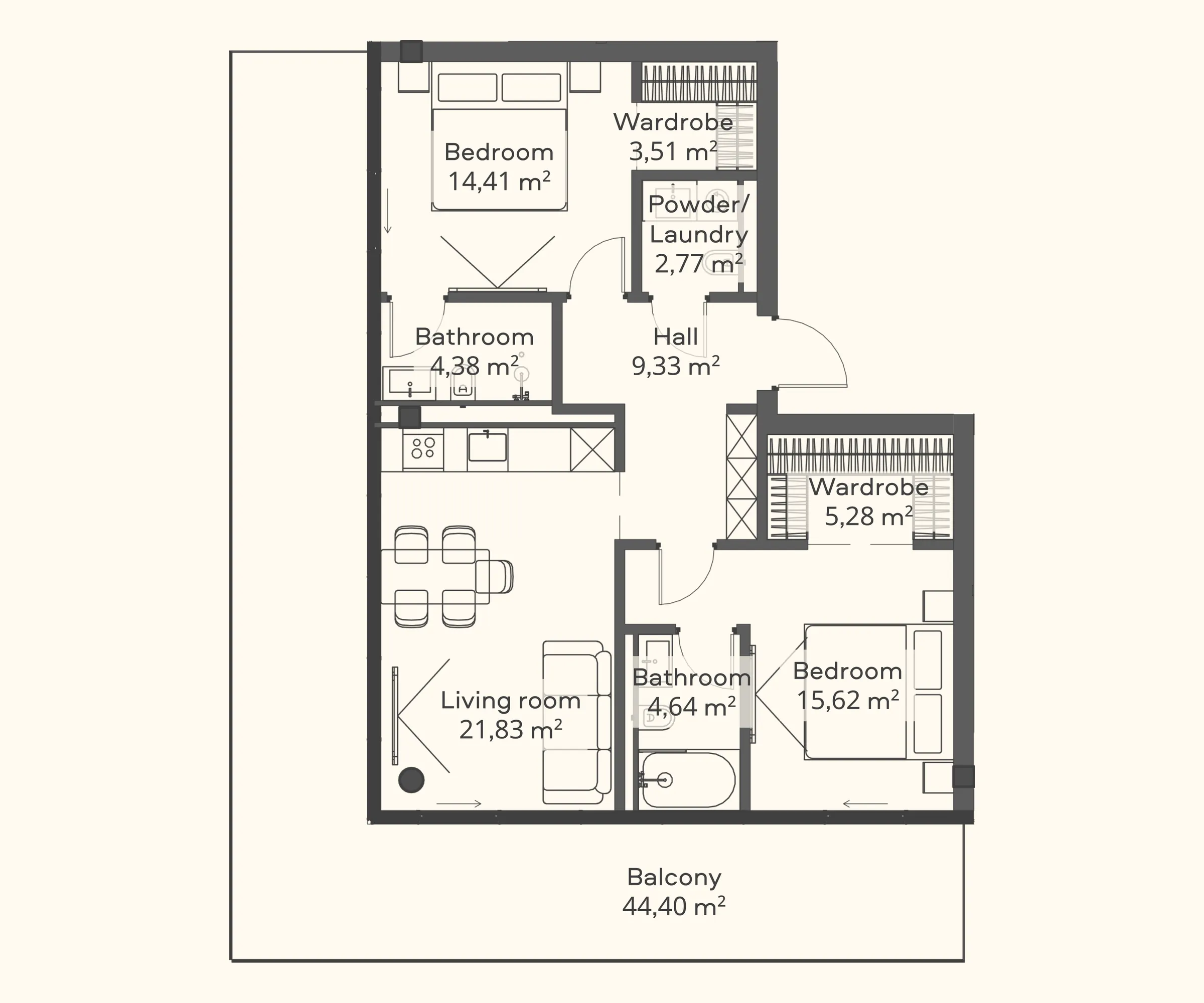 Floor plan of a Trussardi Residences two-bedroom apartment: two bedrooms with their own bathrooms and wardrobes, a living room with the kitchen behind it, and a balcony wrapping the sea side