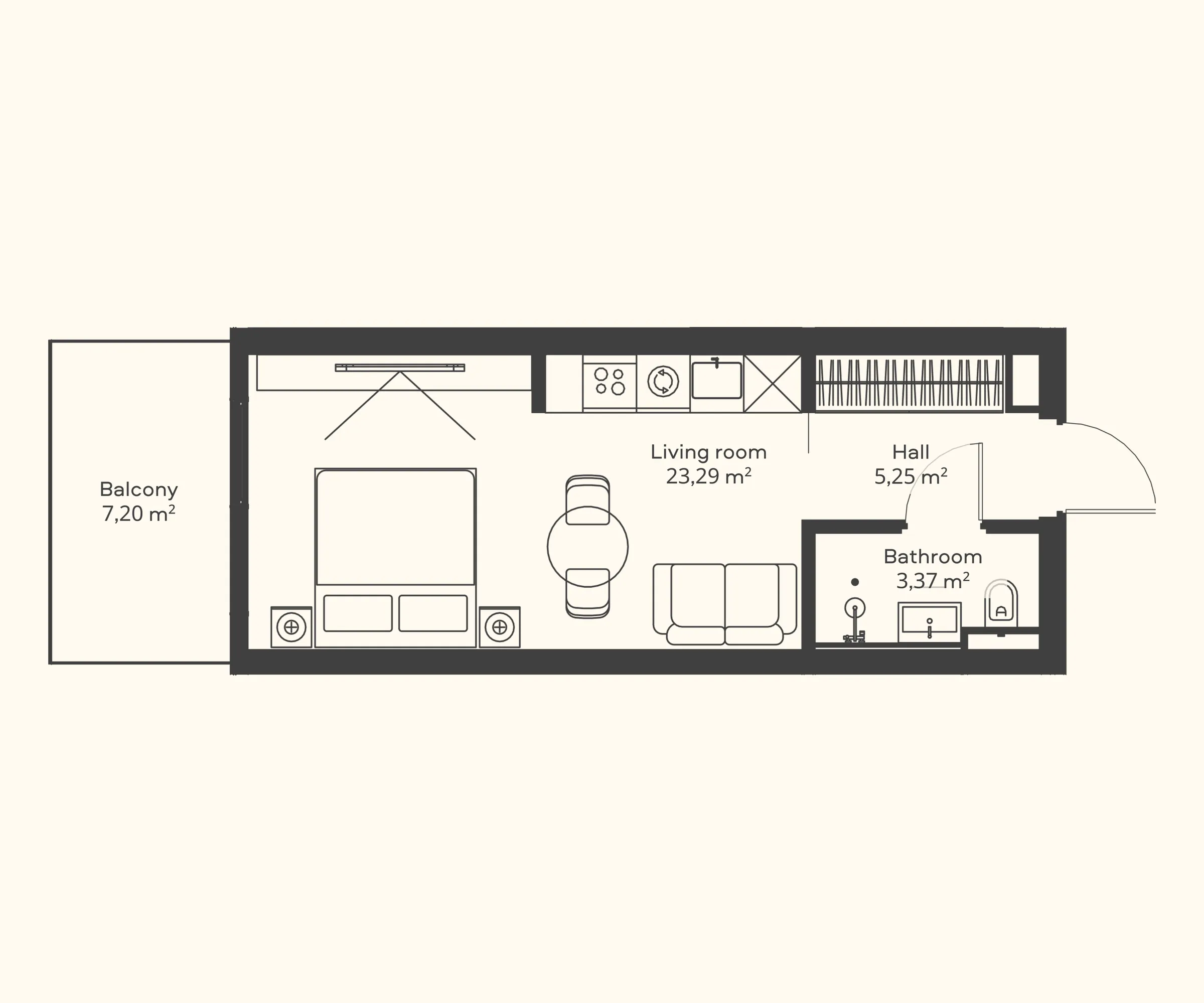 Floor plan of a Trussardi Residences studio: one room with the kitchen along its far wall, a bathroom off the hall and a balcony the length of the sea elevation